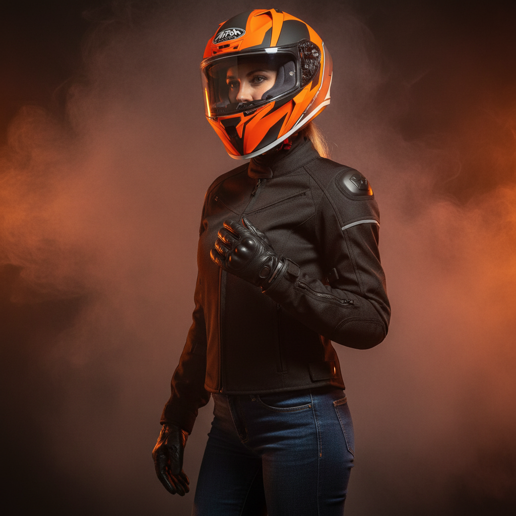 Motociclista donna su sfondo arancio fumoso con il casco Airoh Valor Wings
