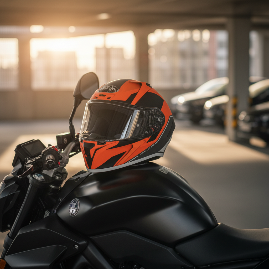 Casco Airoh Valor Wings arancio e nero appoggiato sul serbatoio di una moto nera