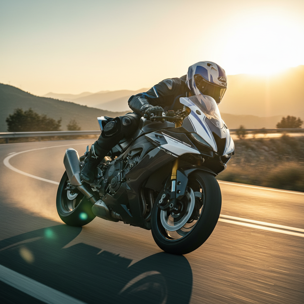 Motociclista in piega su moto sportiva al tramonto con il casco Airoh Valor Wings