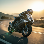 Motociclista in piega su moto sportiva al tramonto con il casco Airoh Valor Wings