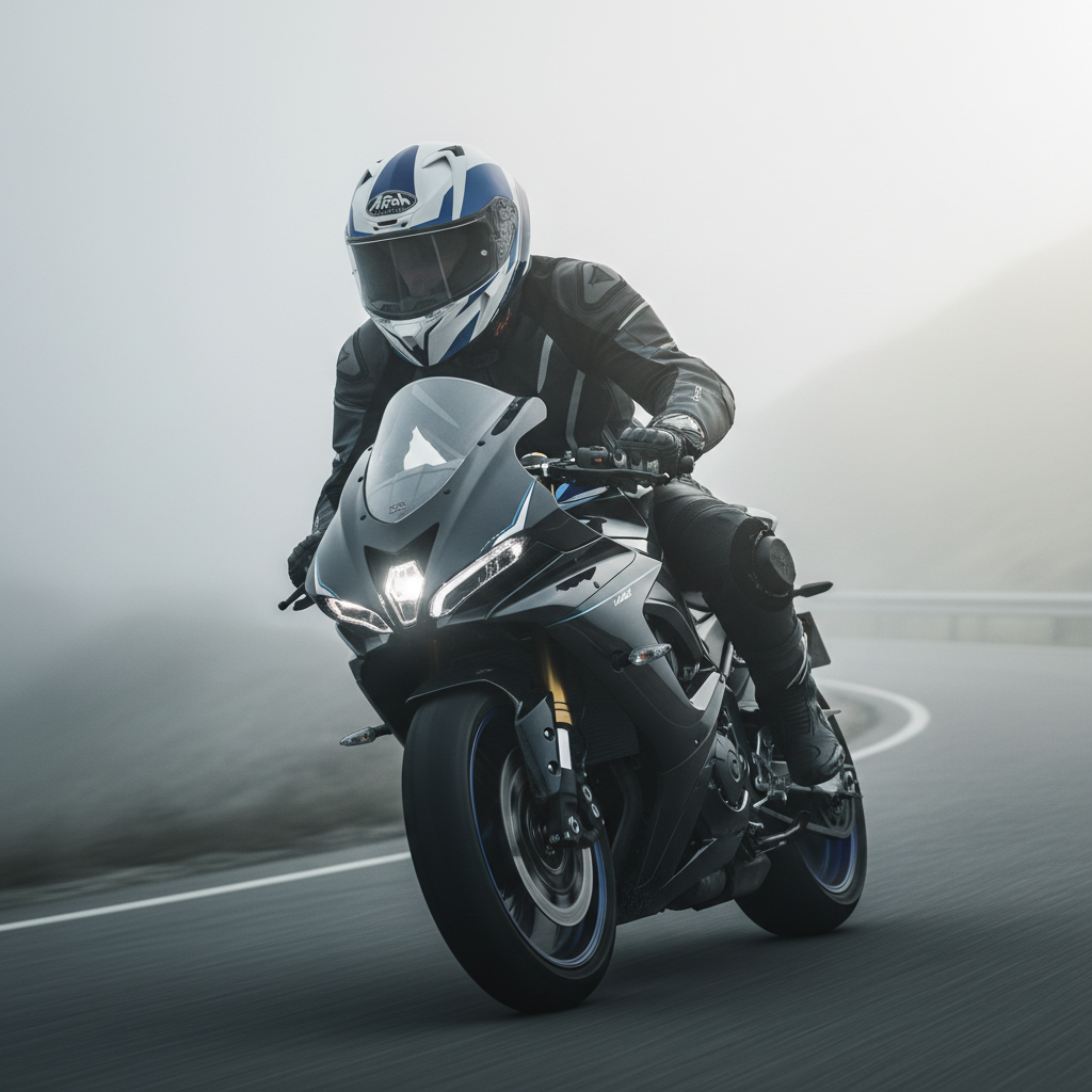 Motociclista su moto sportiva nella nebbia con il casco integrale Airoh Valor Wings bianco e blu