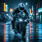 Motociclista su moto sportiva di notte sotto la pioggia, fra insegne al neon, con il casco Airoh Valor Wings