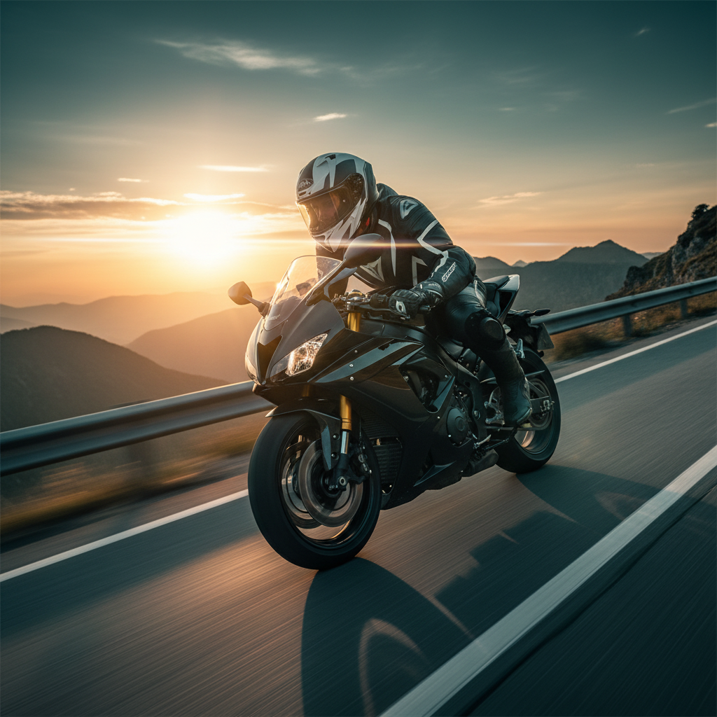 Motociclista in piega su moto sportiva al tramonto con il casco Airoh Valor Wings bianco