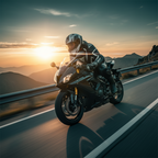 Motociclista in piega su moto sportiva al tramonto con il casco Airoh Valor Wings bianco