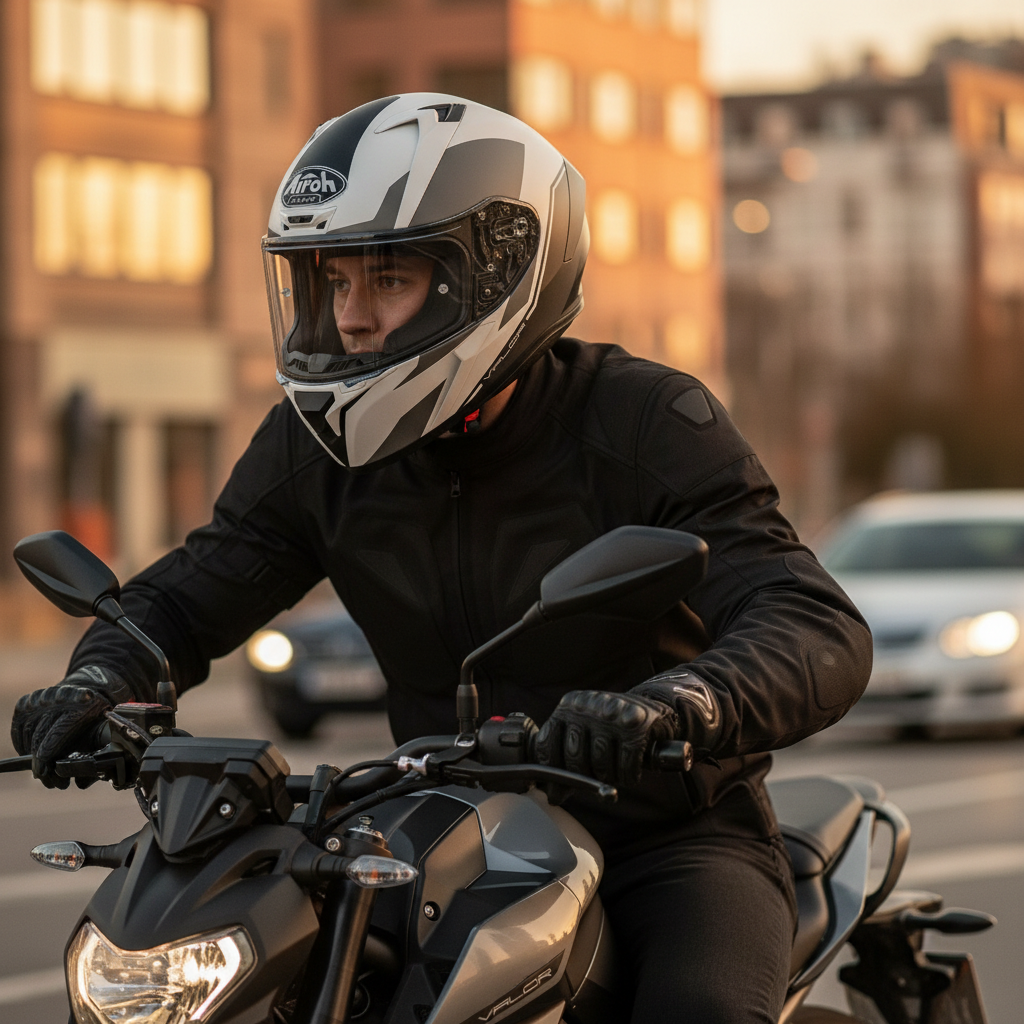 Motociclista in città su moto naked con il casco Airoh Valor Wings bianco e nero