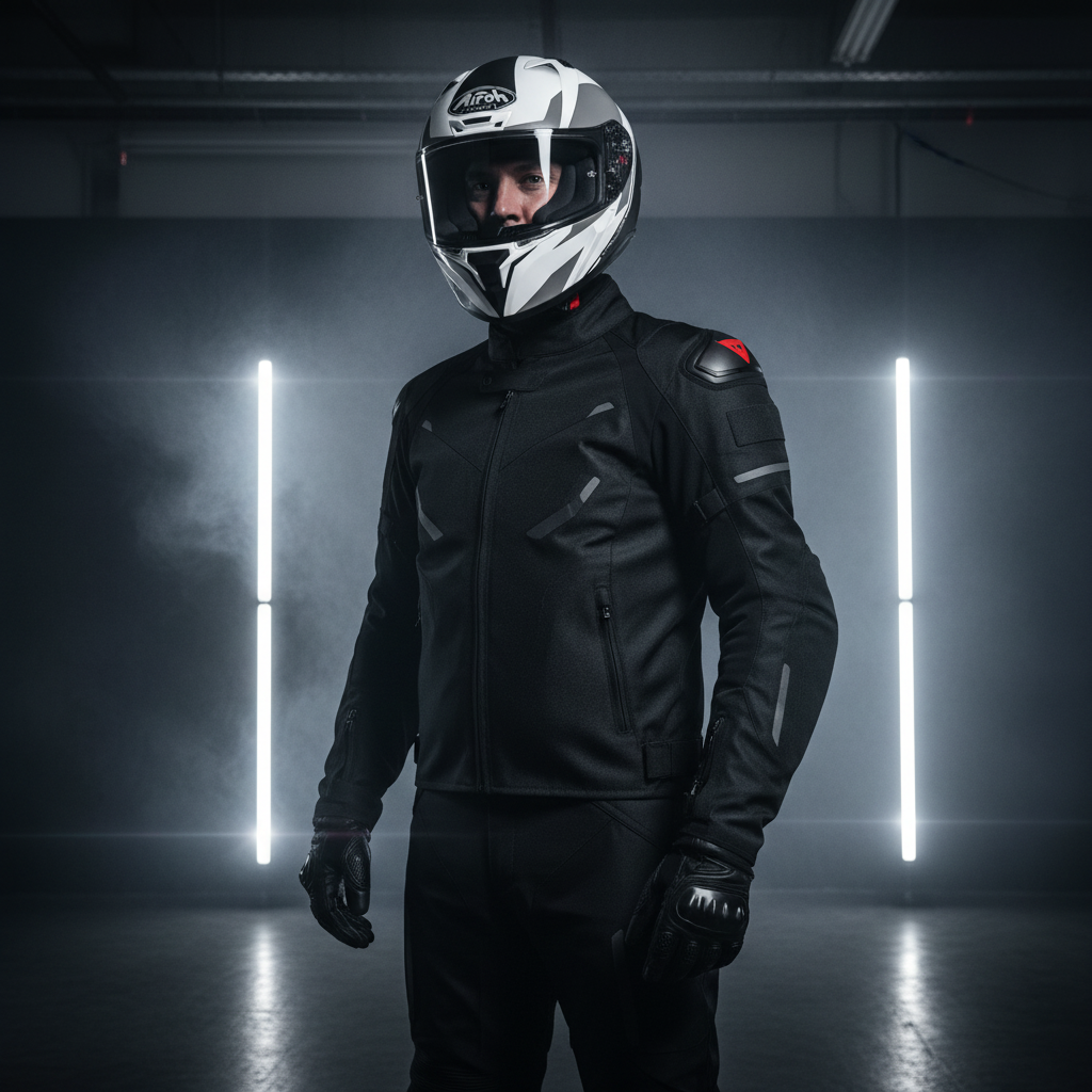 Motociclista in piedi fra barre luminose al neon con il casco Airoh Valor Wings bianco