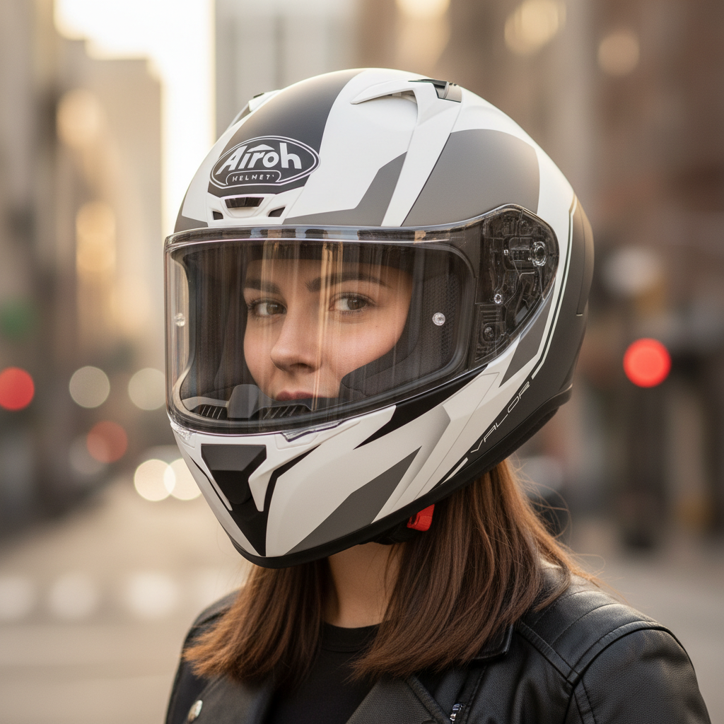 Motociclista donna in città con il casco integrale Airoh Valor Wings bianco e nero