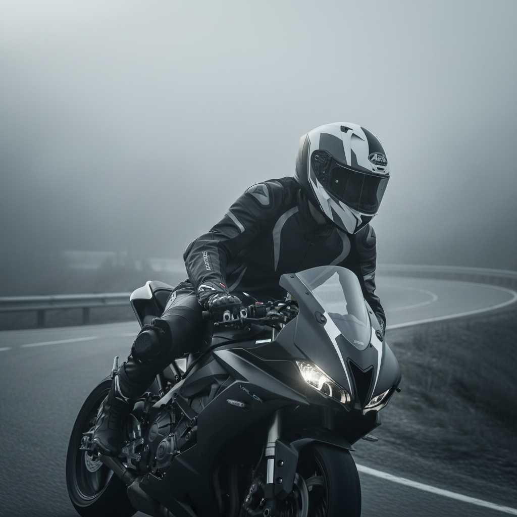 Motociclista in curva su moto sportiva nella nebbia, su asfalto bagnato, con il casco Airoh Valor Wings