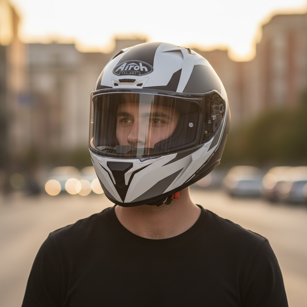 Ragazzo in città con il casco integrale Airoh Valor Wings bianco e nero, visiera trasparente