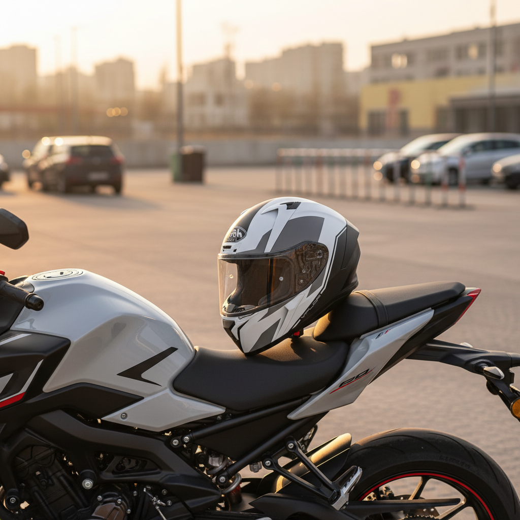 Casco Airoh Valor Wings bianco e nero appoggiato su una moto naked in un parcheggio al tramonto