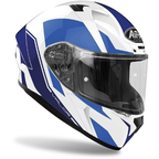 Airoh Valor Wings bianco lucido e blu di tre quarti anteriore destro, con inserti spigolosi blu e blu scuro