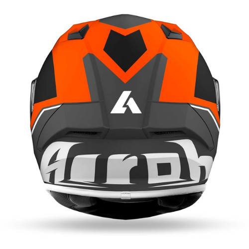 Airoh Valor Wings arancio e nero opaco visto dal retro, con grande scritta Airoh bianca