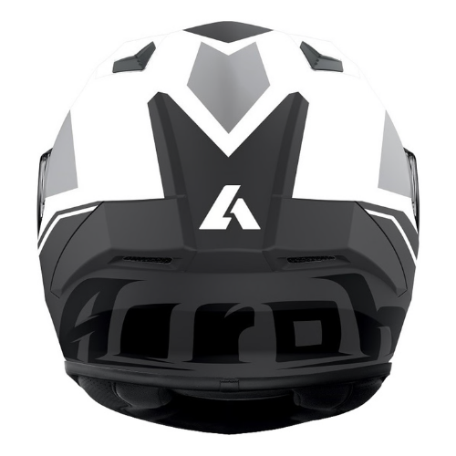 Airoh Valor Wings bianco e nero opaco visto dal retro, con retro scuro e grande scritta Airoh