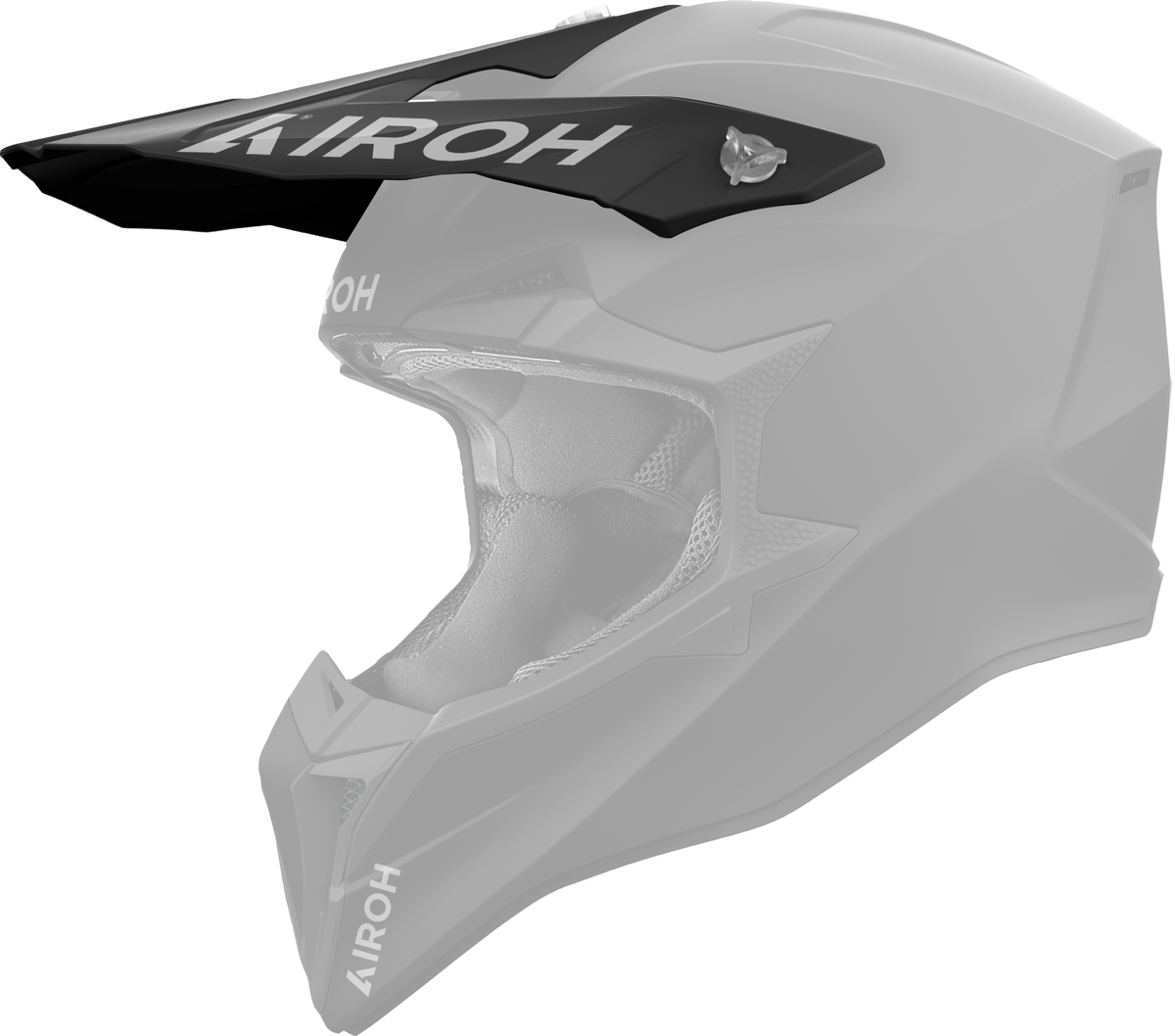 Frontino Nero Opaco originale Airoh WRA11F per casco Wraaap, mostrato su un casco in trasparenza, foto ufficiale del ricambio