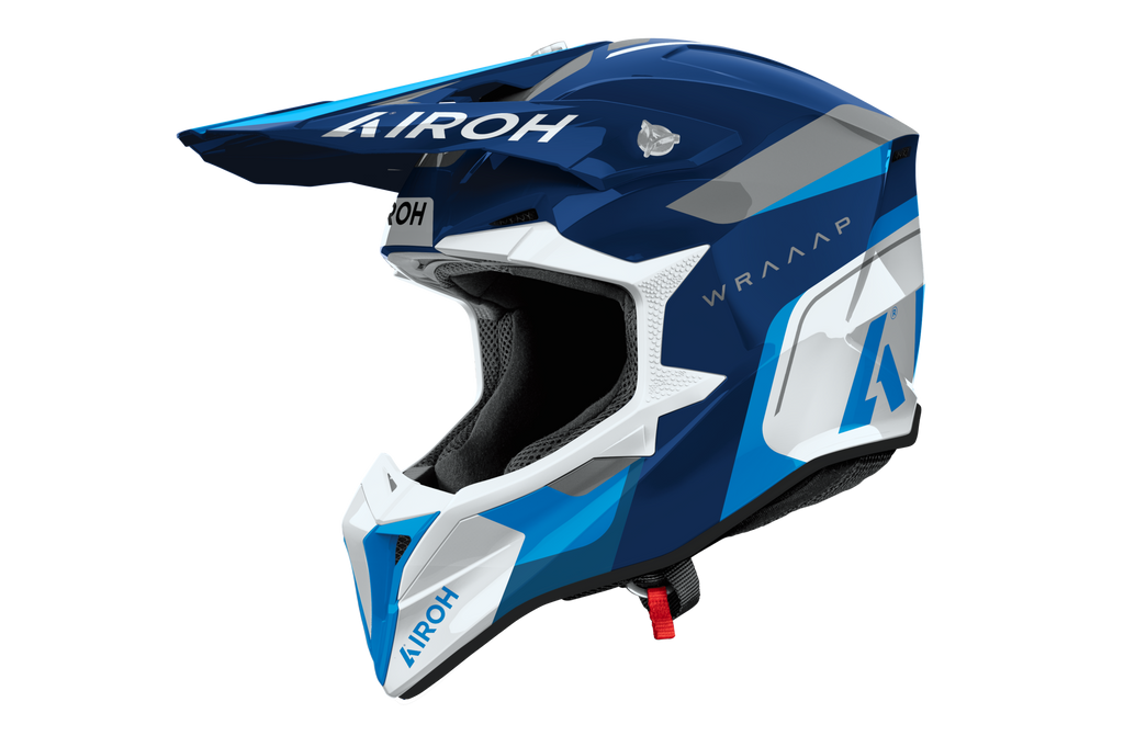 Casco cross Airoh Wraaap Conquer blu bianco, vista tre quarti anteriore sinistra