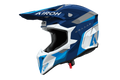 Casco cross Airoh Wraaap Conquer blu bianco, vista tre quarti anteriore sinistra
