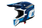 Casco cross Airoh Wraaap Conquer blu bianco, vista tre quarti anteriore sinistra