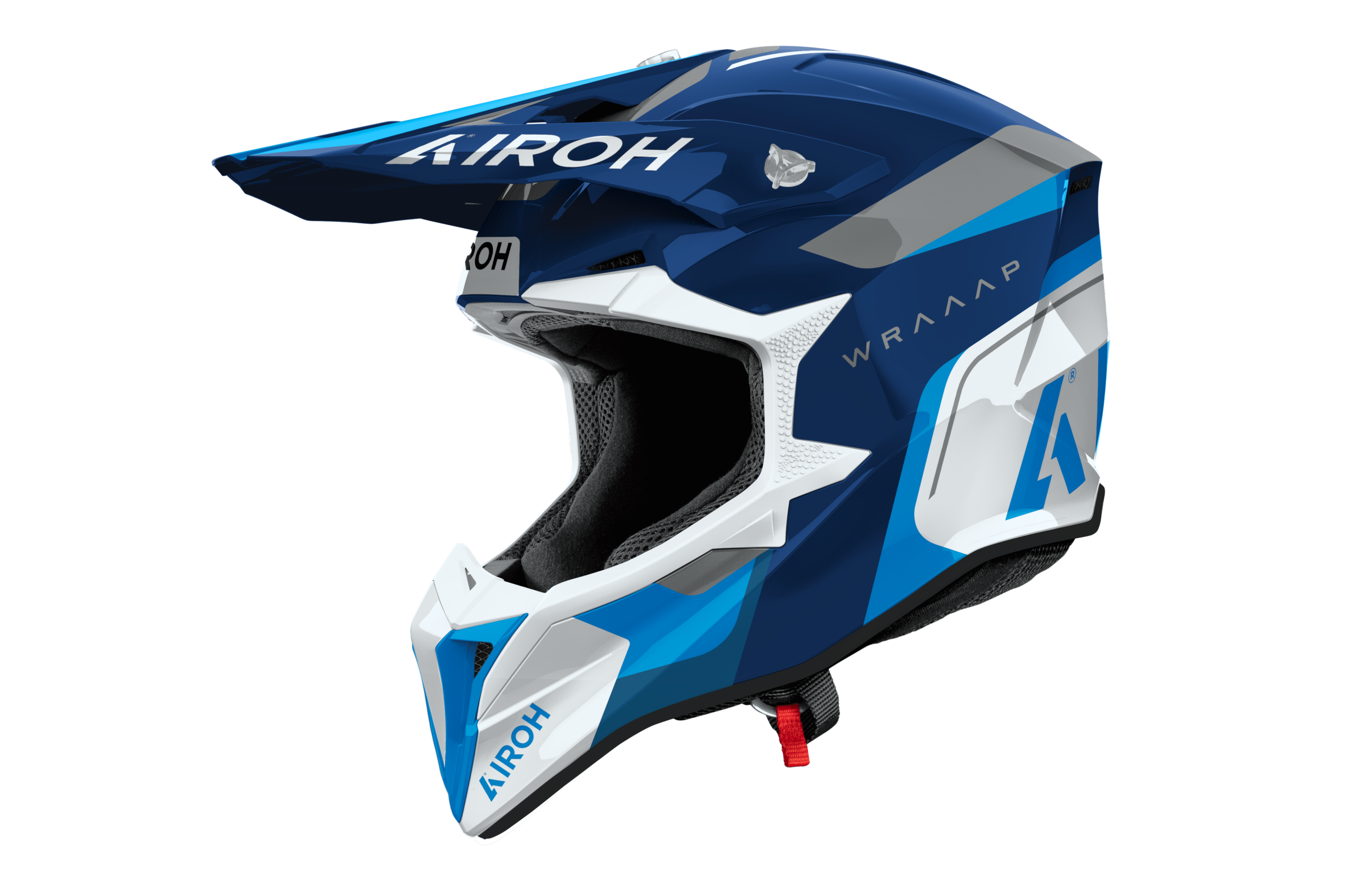 Casco cross Airoh Wraaap Conquer blu bianco, vista tre quarti anteriore sinistra