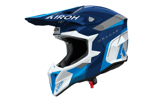 Casco cross Airoh Wraaap Conquer blu bianco, vista tre quarti anteriore sinistra