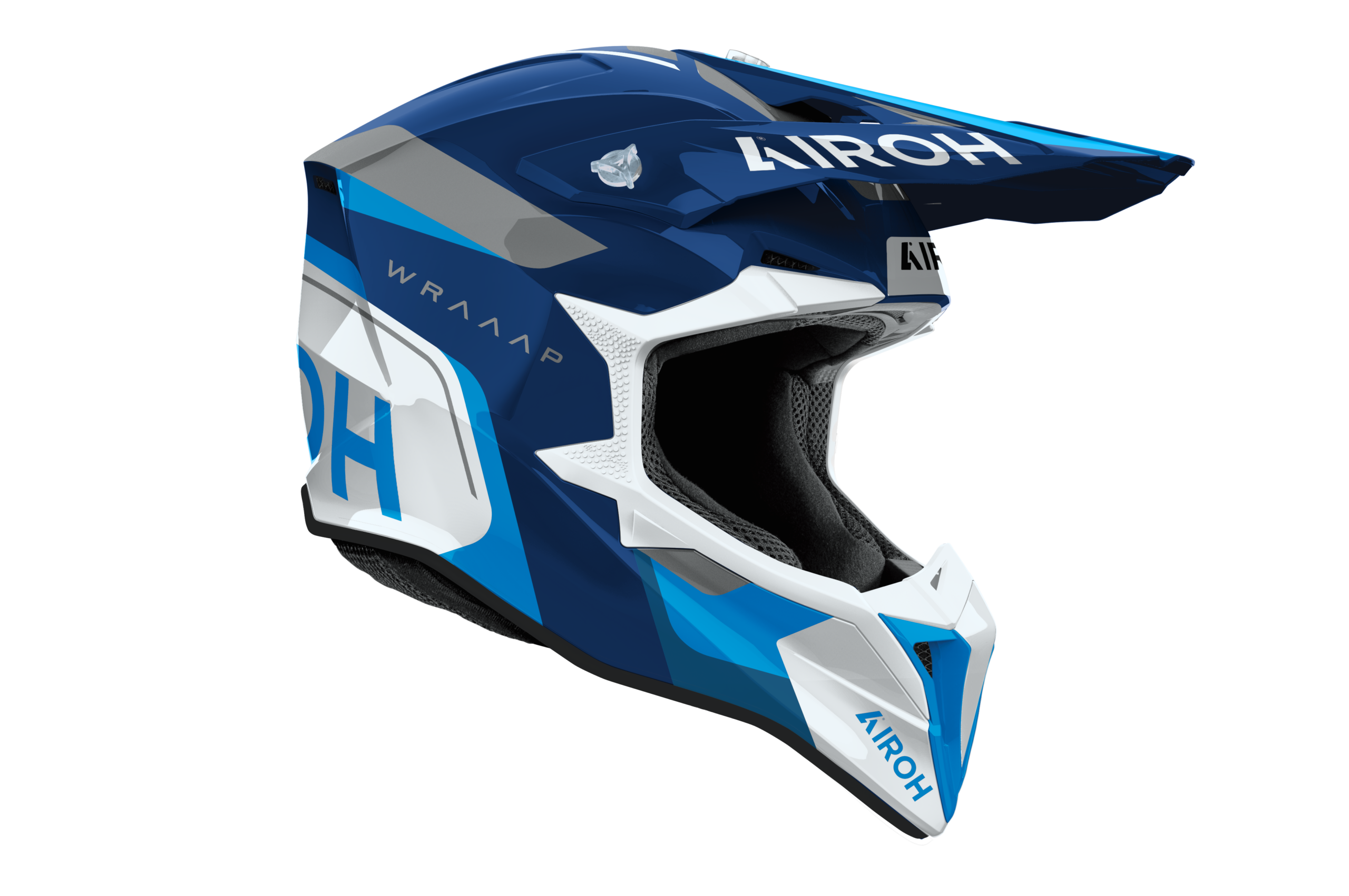 Airoh Wraaap Conquer blu bianco codice WRAC18, lato destro con frontino removibile