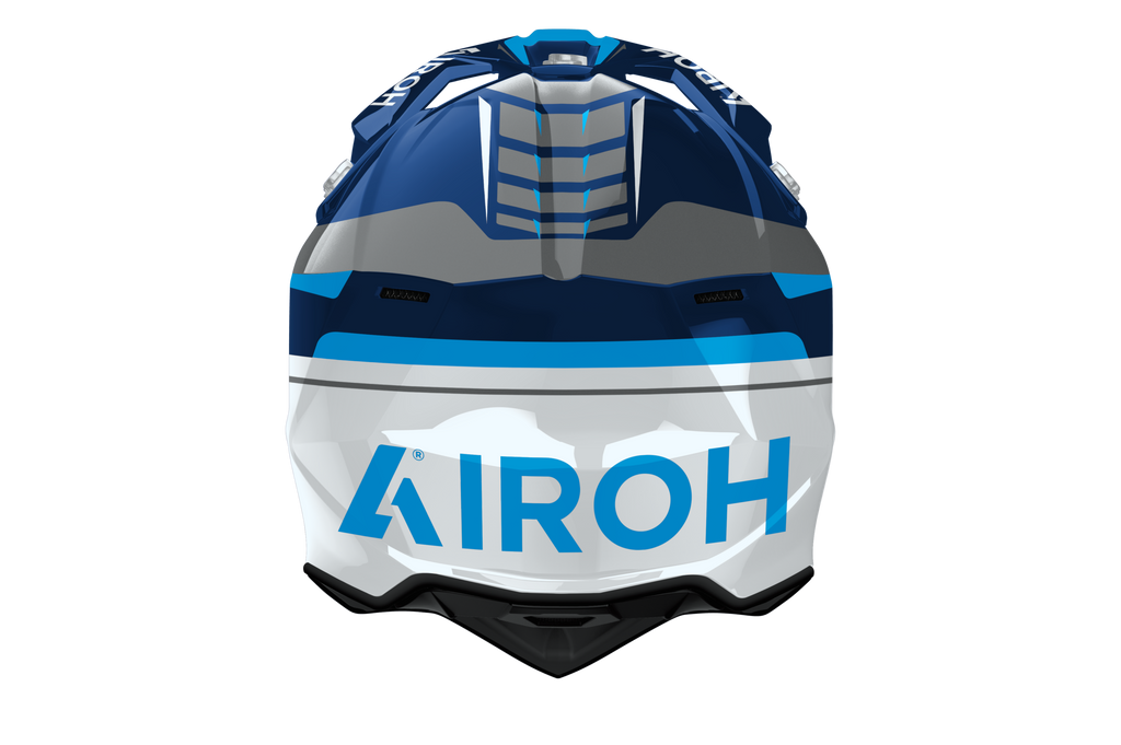 Wraaap Conquer Airoh in blu bianco, vista frontale con calotta HRT e presa sulla mentoniera