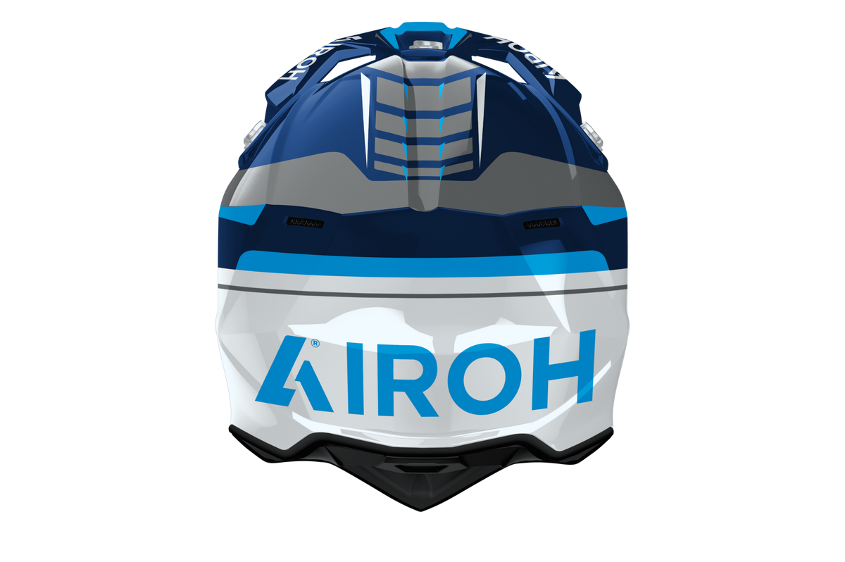 Wraaap Conquer Airoh in blu bianco, vista frontale con calotta HRT e presa sulla mentoniera