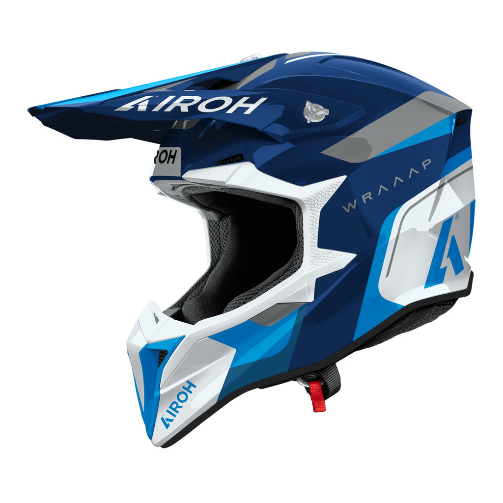 Airoh Wraaap Conquer Blu/Bianco Lucido (WRAC18), casco cross visto dal lato sinistro con frontino, grafica blu e bianca, lucida