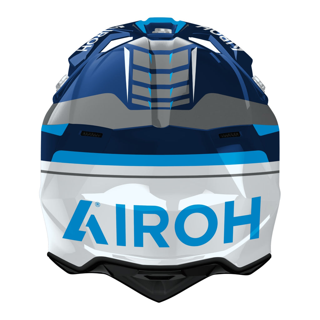 Airoh Wraaap Conquer Blu/Bianco Lucido visto da dietro, con la parte posteriore della calotta in termoplastica HRT