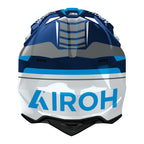 Airoh Wraaap Conquer Blu/Bianco Lucido visto da dietro, con la parte posteriore della calotta in termoplastica HRT
