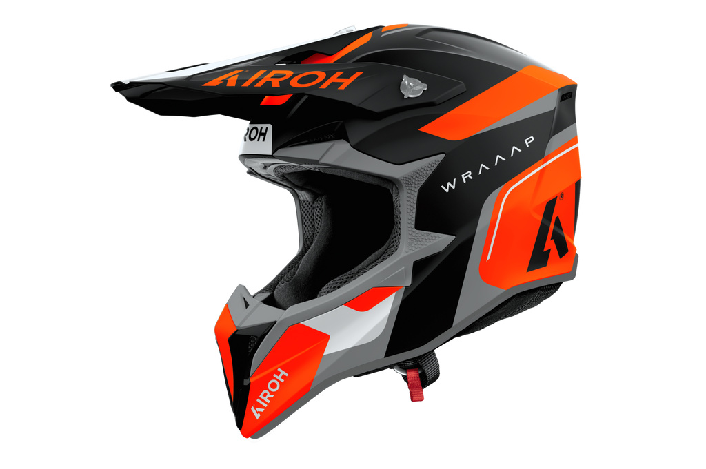 Casco cross Airoh Wraaap Conquer grigio arancione opaco, vista tre quarti anteriore sinistra