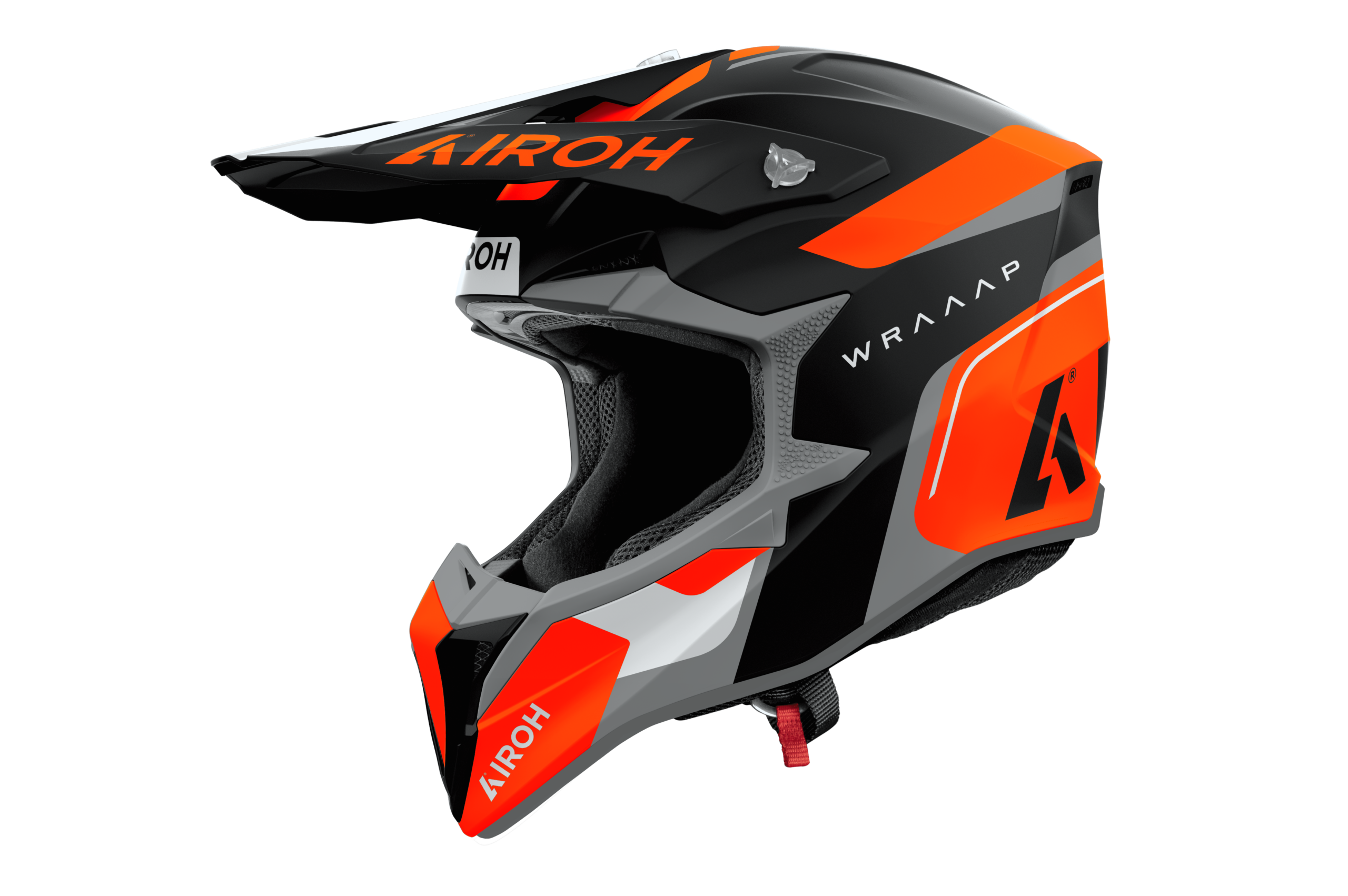 Casco cross Airoh Wraaap Conquer grigio arancione opaco, vista tre quarti anteriore sinistra