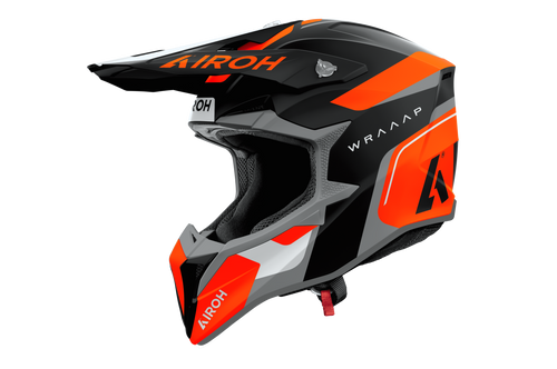 Casco cross Airoh Wraaap Conquer grigio arancione opaco, vista tre quarti anteriore sinistra