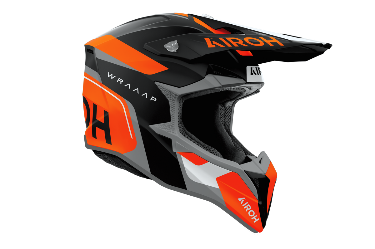 Airoh Wraaap Conquer grigio arancione opaco codice WRAC32, lato destro con frontino removibile
