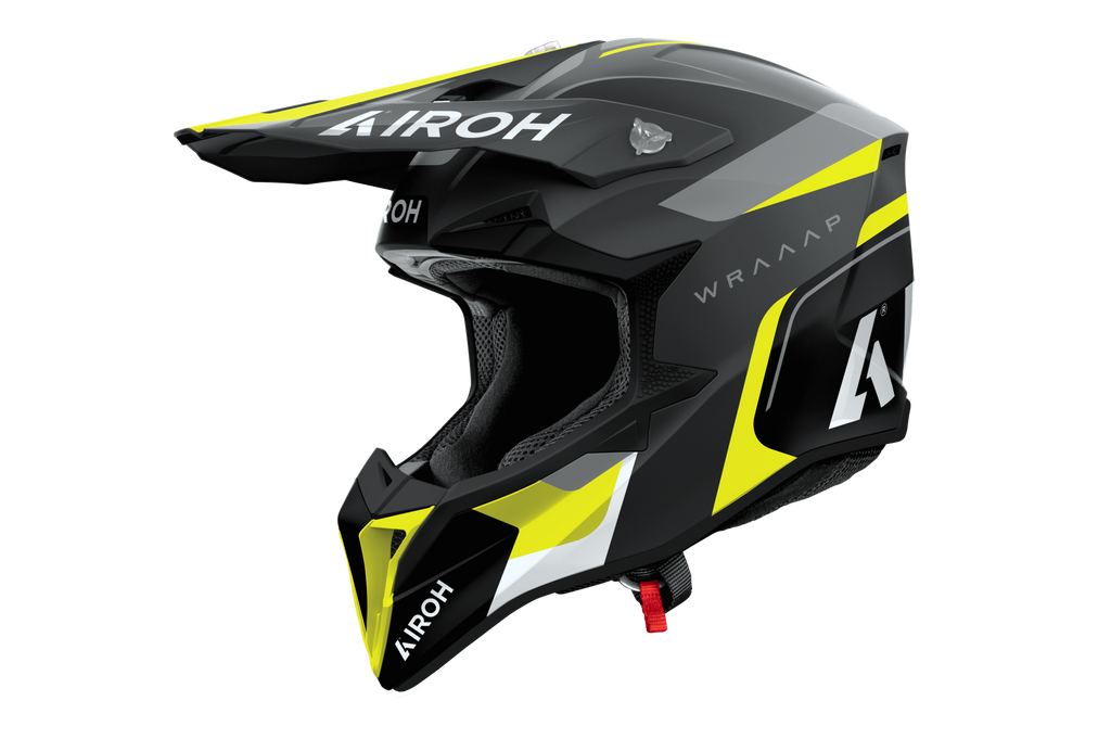 Casco cross Airoh Wraaap Conquer nero giallo opaco, vista tre quarti anteriore sinistra