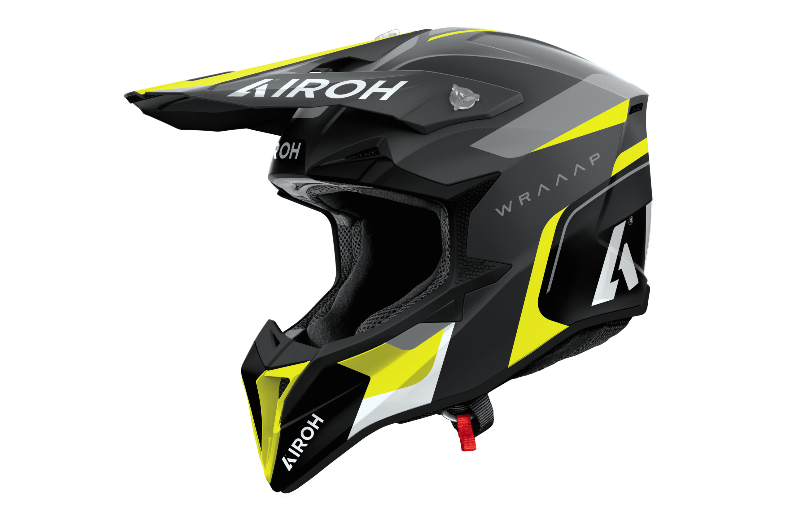 Casco cross Airoh Wraaap Conquer nero giallo opaco, vista tre quarti anteriore sinistra