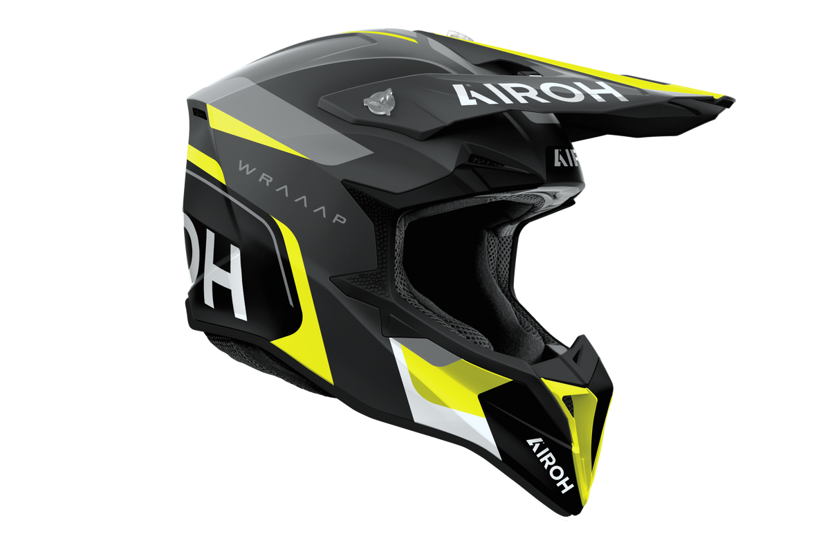 Airoh Wraaap Conquer nero giallo opaco codice WRAC31, lato destro con frontino removibile