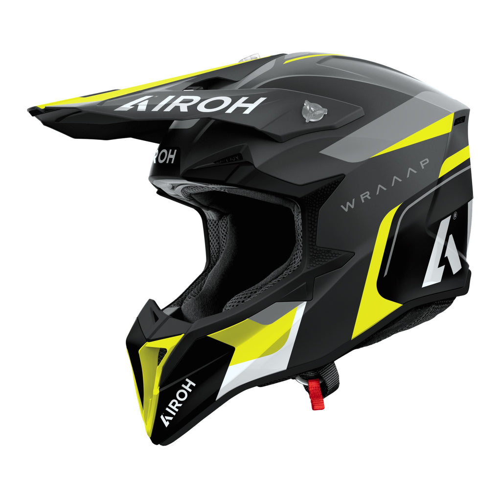 Airoh Wraaap Conquer Nero/Giallo Opaco (WRAC31), casco cross visto dal lato sinistro con frontino, grafica nera e grigia con inserti giallo fluo, opaca