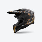 Casco cross Airoh Wraaap Cyborg nero oro opaco, vista tre quarti anteriore sinistra