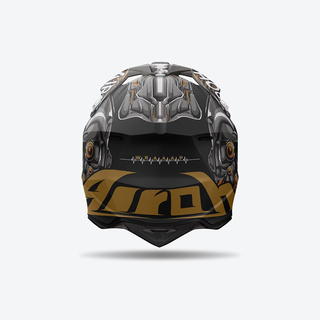 Wraaap Cyborg Airoh in nero oro opaco, vista posteriore con calotta HRT e presa sulla mentoniera