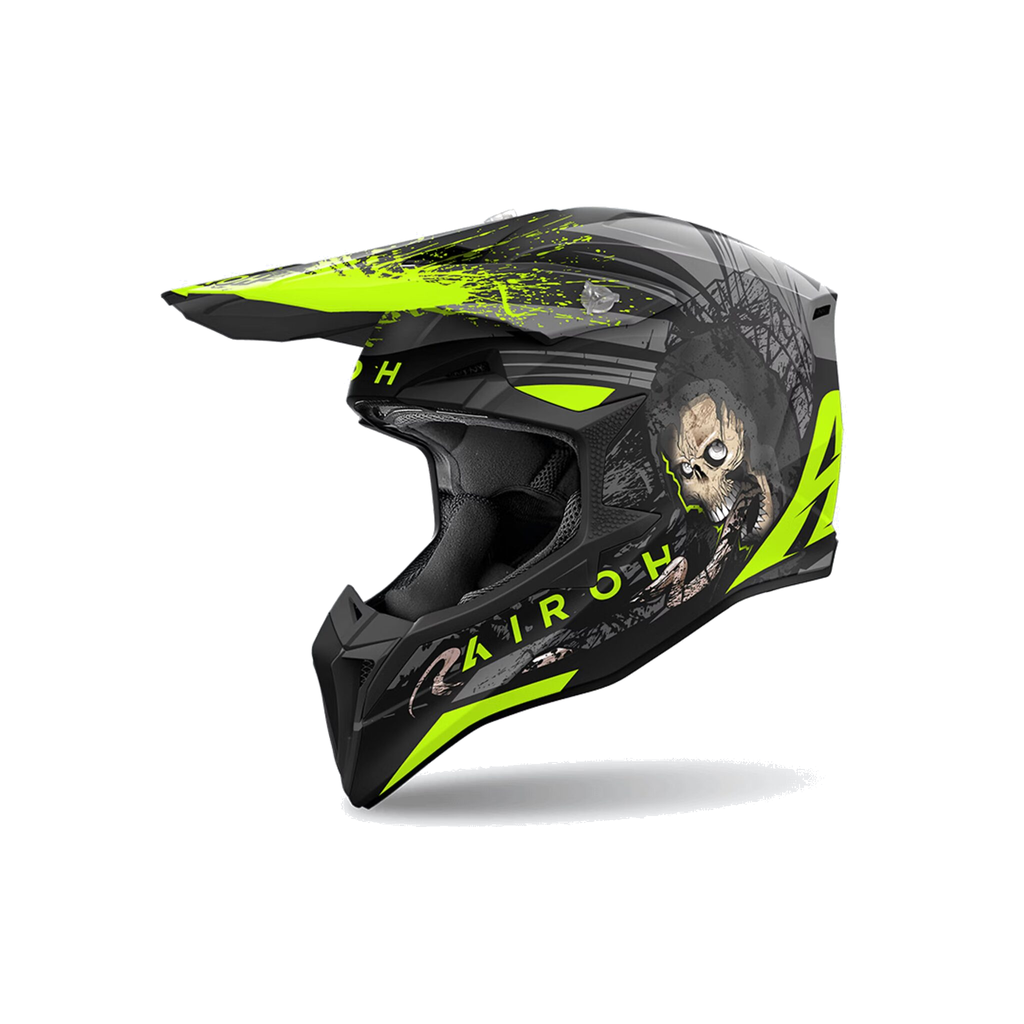 Airoh Wraaap Darkness Grigio/Nero/Giallo Fluo Opaco WRD31, casco cross, vista di tre quarti dal lato destro