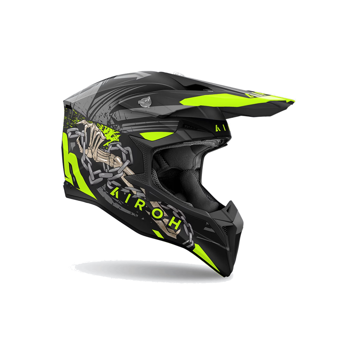 Airoh Wraaap Darkness Grigio/Nero/Giallo Fluo Opaco WRD31, casco cross, vista di tre quarti dal lato sinistro