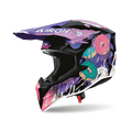 Airoh Wraaap Donuts Nero/Viola Lucido (WRAD17), casco cross visto dal lato sinistro con frontino, nero lucido con grafica viola e ciambelle rosa e azzurre