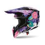 Airoh Wraaap Donuts Nero/Viola Lucido (WRAD17), casco cross visto dal lato sinistro con frontino, nero lucido con grafica viola e ciambelle rosa e azzurre