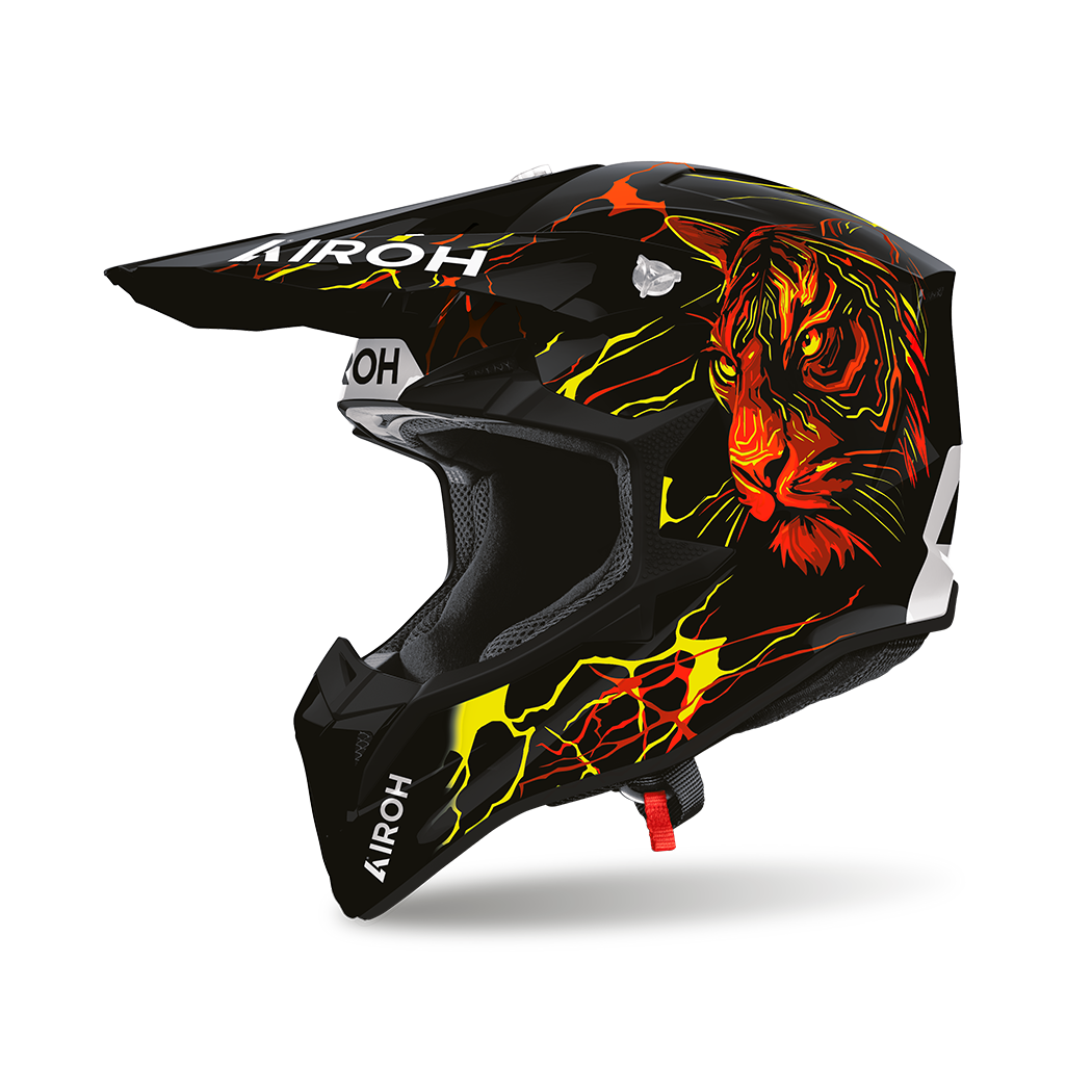 Airoh Wraaap Tyger Nero/Arancio Lucido (WRAT17), casco cross visto dal lato destro con frontino, nero lucido con una tigre arancio e rossa e fulmini gialli
