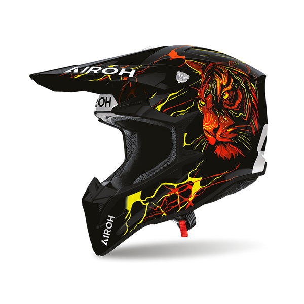 Airoh Wraaap Tyger Nero/Arancio Lucido (WRAT17), casco cross visto dal lato destro con frontino, nero lucido con una tigre arancio e rossa e fulmini gialli