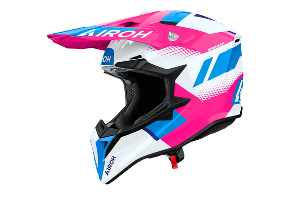 Casco cross Airoh Wraaap Vision bianco rosa, vista tre quarti anteriore sinistra
