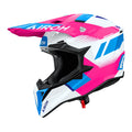 Airoh Wraaap Vision Bianco/Rosa Lucido (WRAV54), casco cross visto dal lato sinistro con frontino, grafica bianca e rosa con dettagli azzurri, lucida