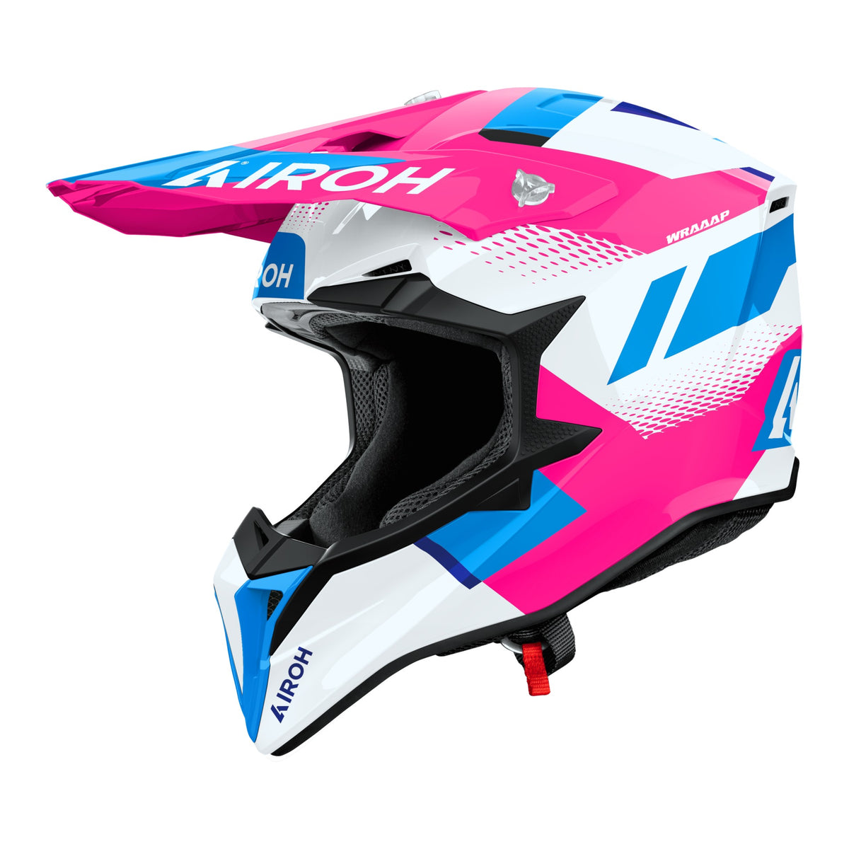 Airoh Wraaap Vision Bianco/Rosa Lucido (WRAV54), casco cross visto dal lato sinistro con frontino, grafica bianca e rosa con dettagli azzurri, lucida