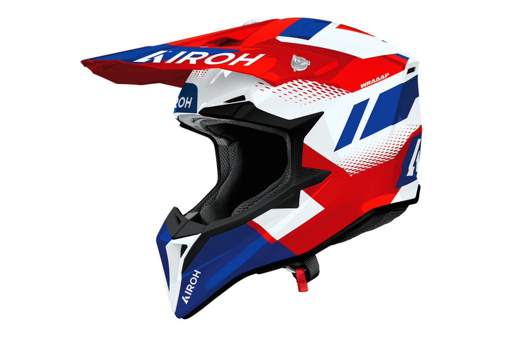 Casco cross Airoh Wraaap Vision bianco rosso blu, vista tre quarti anteriore sinistra