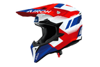 Casco cross Airoh Wraaap Vision bianco rosso blu, vista tre quarti anteriore sinistra